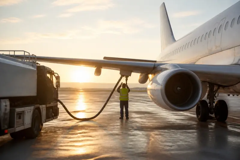 A fuel truck refuelling a passenger jet at sunrise
