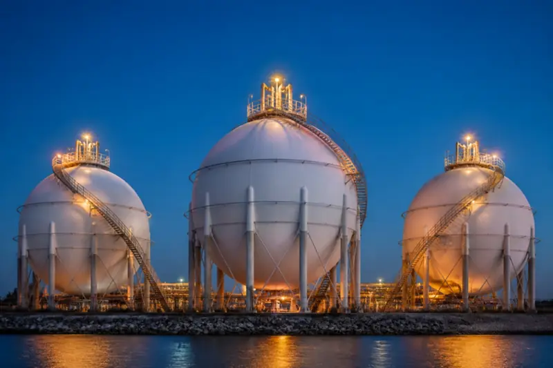 Spherical LPG storage tanks lit at blue hour
