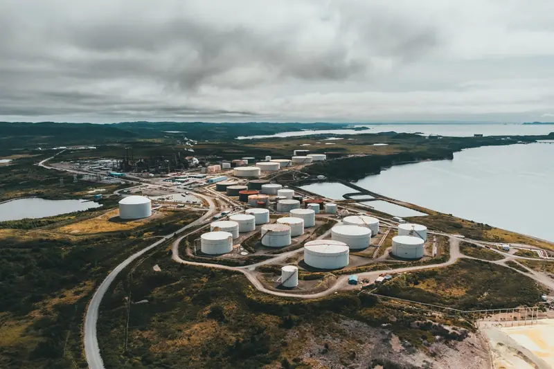 Aerial view of a coastal fuel storage terminal